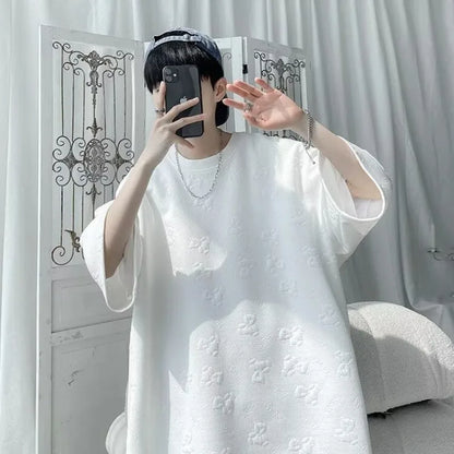 saferido Fashion Short Sleeve T-shirts Men Jacquard Korean Couples Youthful All-match Y2k Tops Harajuku Streetwear Unisex Mens Clothing