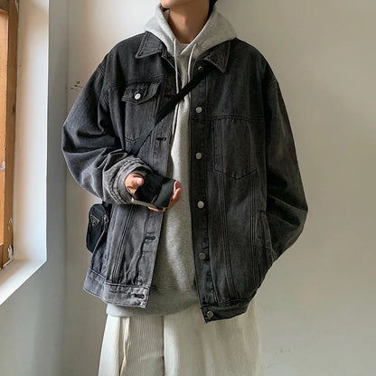 New Jacket Men's Spring and Autumn Denim Coat Korean Version On Clothes Young Student Lapel Fashion Casual Loose Tide Men