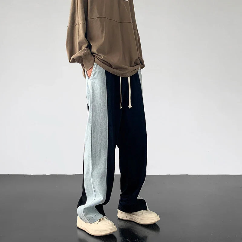 saferido Men's American Streetwear Loose Sweatpants Fitting Denim Patchwork Fabric Casual Pants Black/Grey Color Trousers M-2XL