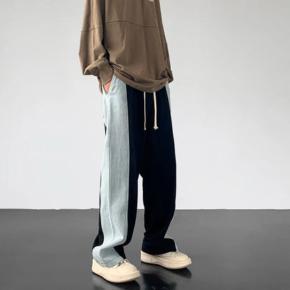saferido Men's American Streetwear Loose Sweatpants Fitting Denim Patchwork Fabric Casual Pants Black/Grey Color Trousers M-2XL