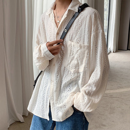 Apricot Handsome Lapel Men Blouse Vacation Hollow Out Sexy Fashion Men Clothing Male Mesh Long-sleeved Shirts Tops