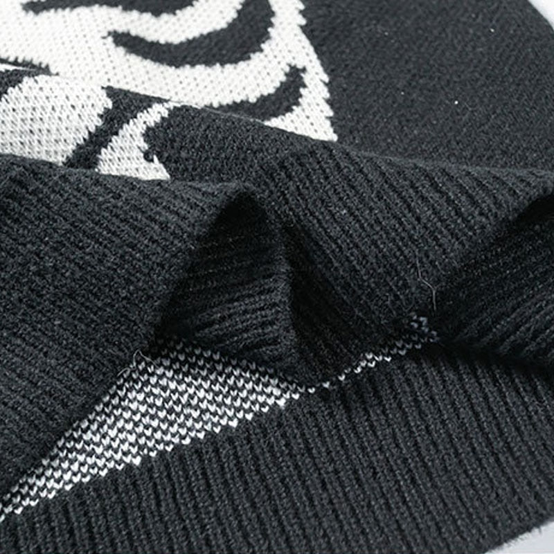 Streetwear Oversized Knitted Sweaters Mens Vintage Skeleton Bone Printed Hip Hop Harajuku Patchwork Casual Pullover Unisex Black