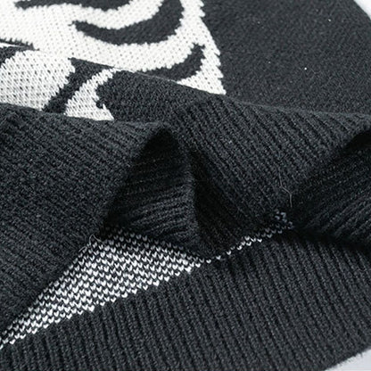 Streetwear Oversized Knitted Sweaters Mens Vintage Skeleton Bone Printed Hip Hop Harajuku Patchwork Casual Pullover Unisex Black