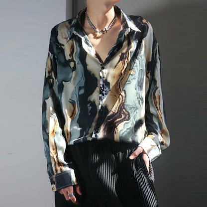 Fall Harajuku Shirts Men Y2K Style Graphic Print Long Sleeve Shirt Streetwear Mens Clothing Fashion Lapel Button-up Shirts