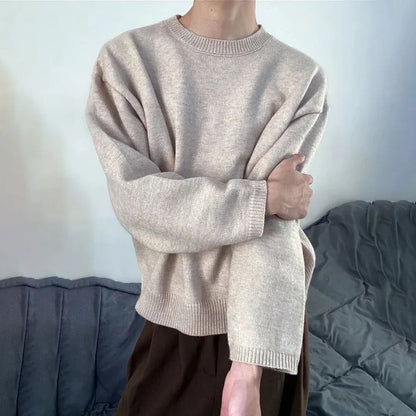 saferido Mens Autumn Japanese Lazy Style Sweater 2024 New Essential Round Neck Loose Casual Simple Solid Color Long-Sleeve Sweater For Men