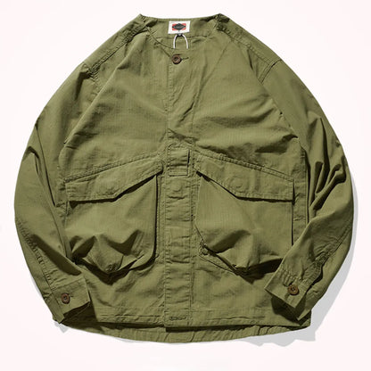 Collar-free men's fashion youth Japanese retro frock shirt jacket made of old washed pocket frock jacket