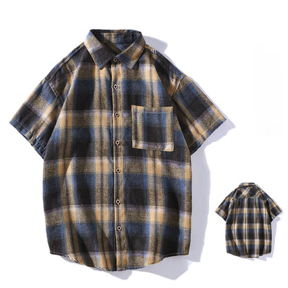 saferido Korean Style Plaid Shirts For Men Short Sleeve Fashion Turn-down Collar Blouses Hip Hop Male Clothing