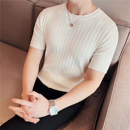 Brand Clothing Men's Summer Leisure Short Sleeve T-Shirt/Male Slim Fit O-Neck Stripe Knitted T-Shirt Plus Size S-4XL