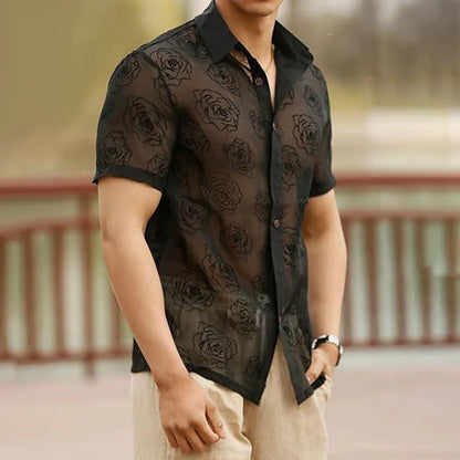 saferido Mens Sexy See-Through Lace Rose Short-Sleeved Shirt 2024 Spring Summer New Genderless Fashion Thin Solid Color Loose Top Unisex