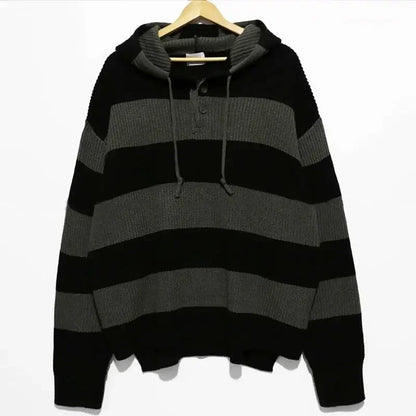 saferido Men's Clothing Pullovers Black Long Knit Sweater Male Striped Hoodies Over Fit Loose Thick Winter Spring Autumn Heated