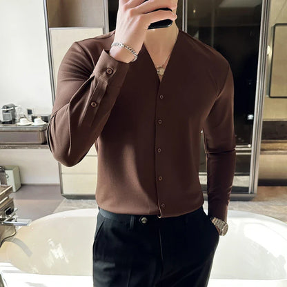 saferido Men V-neck Long Sleeve Shirt New British Style Solid Casual Slim Fit Camisas Blusas Formal Dress Shirts Homme Men Clothing