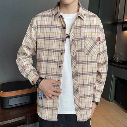 saferido Button Turn-down Collar Sven Simplicity Pockets Handsome Lattice Shirts Loose Men's Clothing Fashion Casual Spring Summer Thin