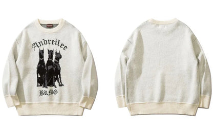 Men Vintage Sweater Y2K Streetwear Hip Hop Vintage Knitted Doberman Dog Sweaters Autumn Harajuku Fashion Retro Casual Sweaters