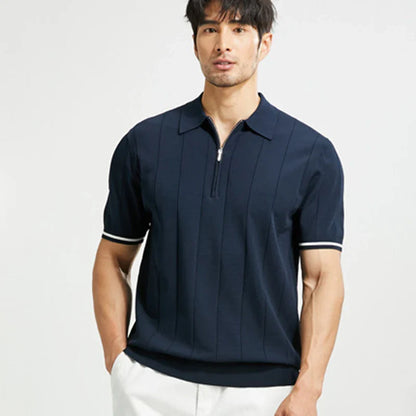 Men's Casual Zipper Polo Shirt Solid Color Texture Lapel Breathable  Leisure Tees for Men Summer Light Luxury Knitwear New