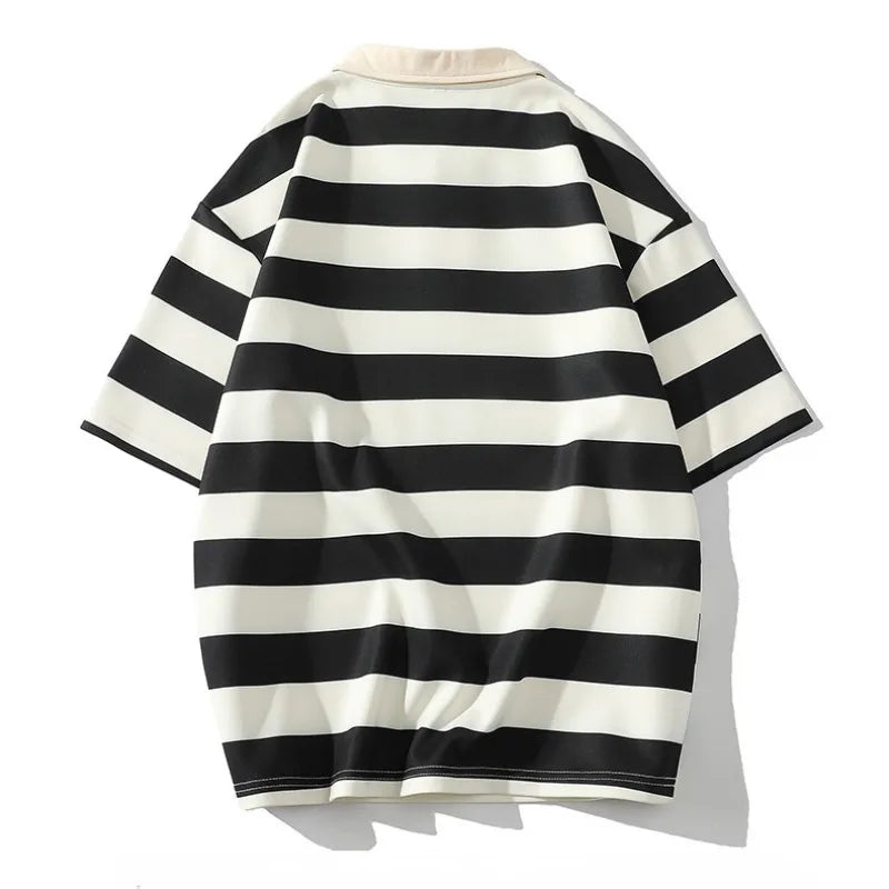 New Striped Polo Shirt Men T-shirt Casual Short Sleeve Fashion Streetwear Men's Clothing Tops Tees Striped Oversized Men T-shirt