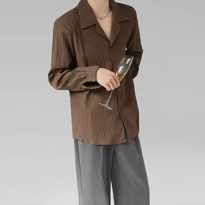 Spring Clothing Men's Korean Casual Luxury Texture Shirts Vintage Loose Suit Collar Buttons Solid Color Long Sleeve