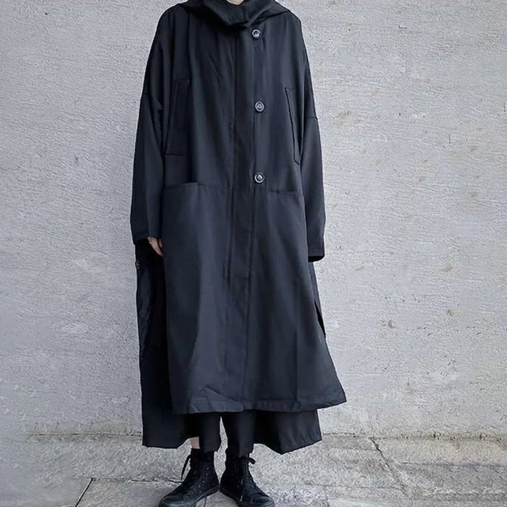 saferido Dark British Style Long Hooded Zipper Windbreaker Streetwear Personality Temperament Versatile Oversized Coat 2024 Autumn Unisex