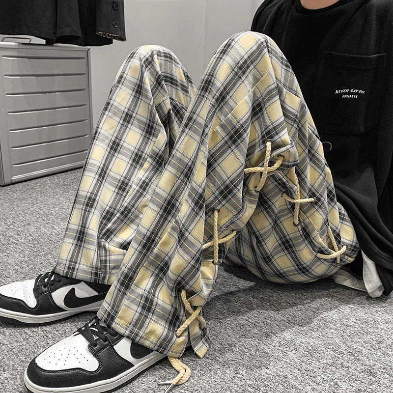 saferido Casual Straight Wide Leg Pants Breathable High Street Trend Loose Casual Cargo Pants Plaid Black Rope Decorative Trousers Spring