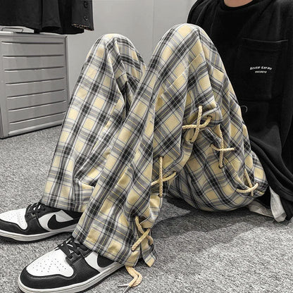 saferido Casual Straight Wide Leg Pants Breathable High Street Trend Loose Casual Cargo Pants Plaid Black Rope Decorative Trousers Spring