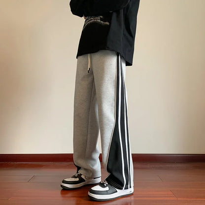 saferido Japanese Retro Casual Pants Men's Fitting Straight Leg Pants College Style Wide Striped Patchwork Drawstring Sweatpants Autumn