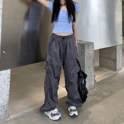 Men Solid Cargo Pants Harajuku Hip Hop Elastic Waist Loose Trousers Streetwear Male Casual Pockets Drawstring Baggy Pants