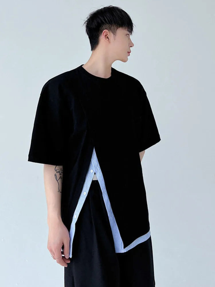 Men Clothing Summer Short Sleeve Slit Patchwork T-shirt Korean Fashion Loose Streetwear T Shirt Tops For Male