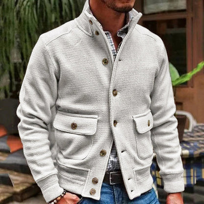 Men Jacket Knitted Button Closure Solid Color Single-Breasted Streetwear Autumn Winter Stand Collar Suit Coat For Daily Wear