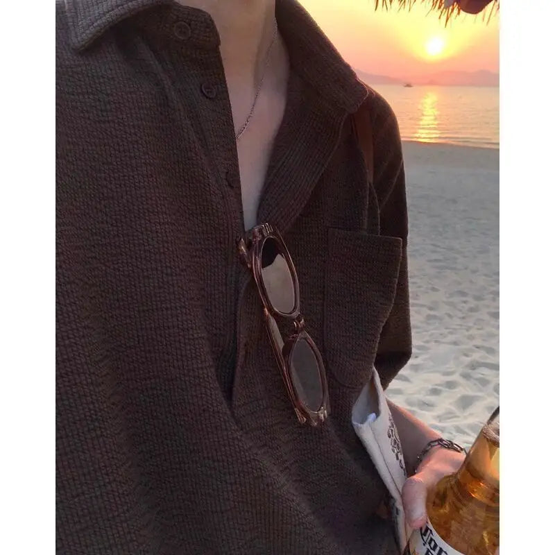 Korean Solid Color Knit Polo Shirt Lapel Short Sleeve T-shirt Men Summer Trend Loose Casual Top Golf Button Polo T Shirt for Men