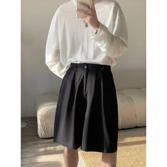 saferido Men's Korean Style Summer Men's Loose Straight Suit Shorts Cotton Elastic Waist Cargo Shorts Multi-pocket Casual Shorts
