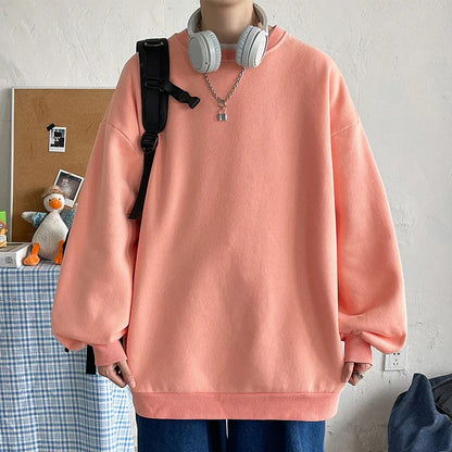 saferido Harajuku Sweatshirts Men Korean Solid Color Basic O Neck Oversized Pullovers Spring Autumn Simple Fashion Casual Tops 5XL-M