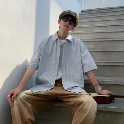 saferido -Youth Korean Fashions Cotton Striped Shirts Oversized Vintage Button Up Shirts Japanese Casual Short Sleeve Shirts