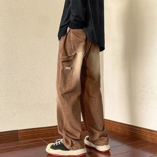 saferido Trousers Cargo Straight Male Cowboy Pants Brown Jeans for Men 2024 Korean Autumn Trend Cotton New in Style Y 2k Vintage Regular