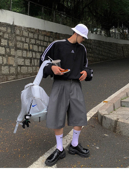 saferido Spring Summer Loose Casual Soft Grey Pleated Shorts for Men with High Waist Short Straight Pants Korean Clothes