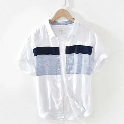 Pure Linen Short Sleeve Shirt for Men Summer New Japan Fashion Tops Male Breathable Vintage Striped Patchwork Button Up Shirt