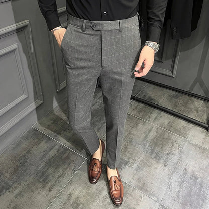 saferido Spring Summer New Plaid Dress Pants Men Clothing Business Formal Wear Slim Fit Office Trousers 36 38