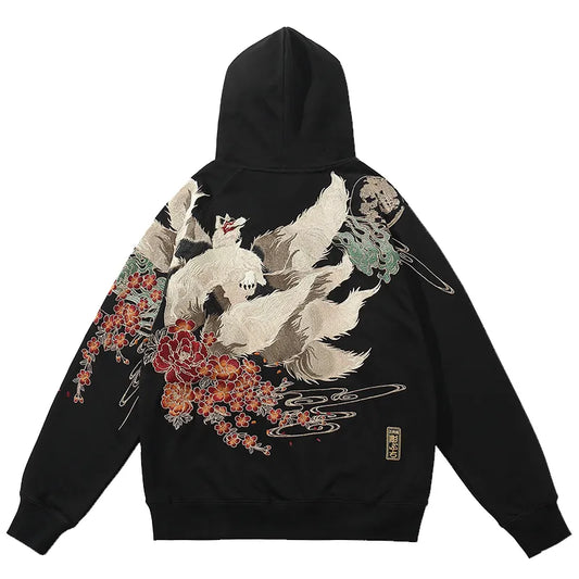 Men Streetwear Fleece Hoodie Sweatshirt Embroidery Flower Chinese Kanji Pullover Winter Harajuku Cotton Hooded Hoodie