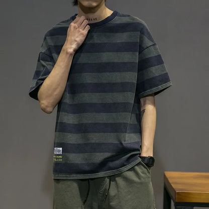 saferido Fashion Printed Spliced All-match Striped Casual T-Shirt Men's Clothing Spring New Loose Korean Pullovers Korean Tee Shirt