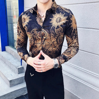 saferido British Style Men's Business Casual Shirts/Male Slim Fit Printing Leisure Long Sleeve Shirts Tops Plus Size S-4XL