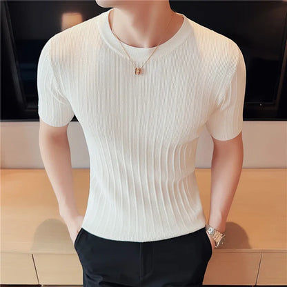Brand Clothing Men's Summer Leisure Short Sleeve T-Shirt/Male Slim Fit O-Neck Stripe Knitted T-Shirt Plus Size S-4XL