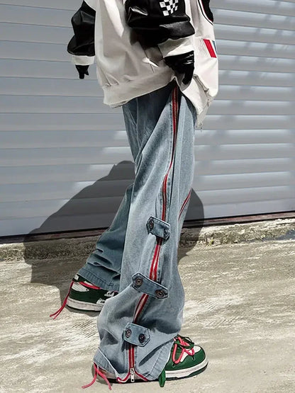 saferido American Goods Harajuku Casual Loose Punk Rock Straight Wide-Leg Pants Street Y2K Cargo Pants Retro Street Zipper Split Jeans