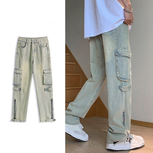 Fashion Pocket Zipper Men's Jeans Neutral Wide Leg Denim Trousers Loose Straight Jeans Youth Casual Neutral Hip Hop Pants