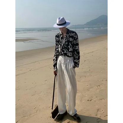 saferido Fashion Korean Spring New Long Sleeve Men Shirt Loose Casual Personality Print Turn-down Collar Pocket Simple Shirts