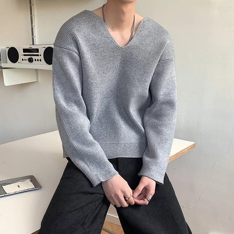 Men's Light Luxury Knitted Pullover Sweater Men Casual V Neck Solid Color Long Sleeve Knitwear Streetwear Korean Autumn Clothing