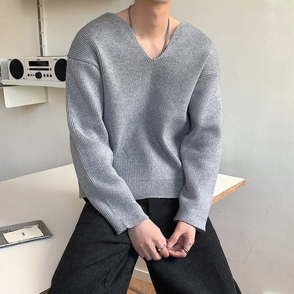 Men's Light Luxury Knitted Pullover Sweater Men Casual V Neck Solid Color Long Sleeve Knitwear Streetwear Korean Autumn Clothing