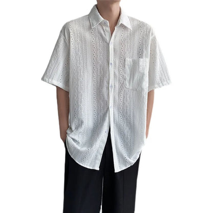 Korean Fashion Hollow Shirt for Men Summer Short Sleeve Button Trend Loose Niche Design Handsome Cotton Casual Shirts Men