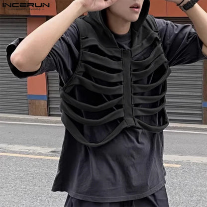 Fashion Casual Style Tops New Men's Funny Bone Deconstruction Design Vests Personality Solid Hooded Waistcoat S-5XL