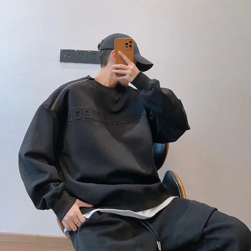 Letter Sweatshirts Men Autumn Baggy Comfortable Blocking High Street American Style Teenagers Stylish Outer Chic Zipper Design