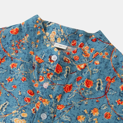 Summer New Short Sleeve Floral Hawaiian Shirt Men Half Placket Collar Beach Shirt Men Casual Holiday Vacation Clothing 3XL