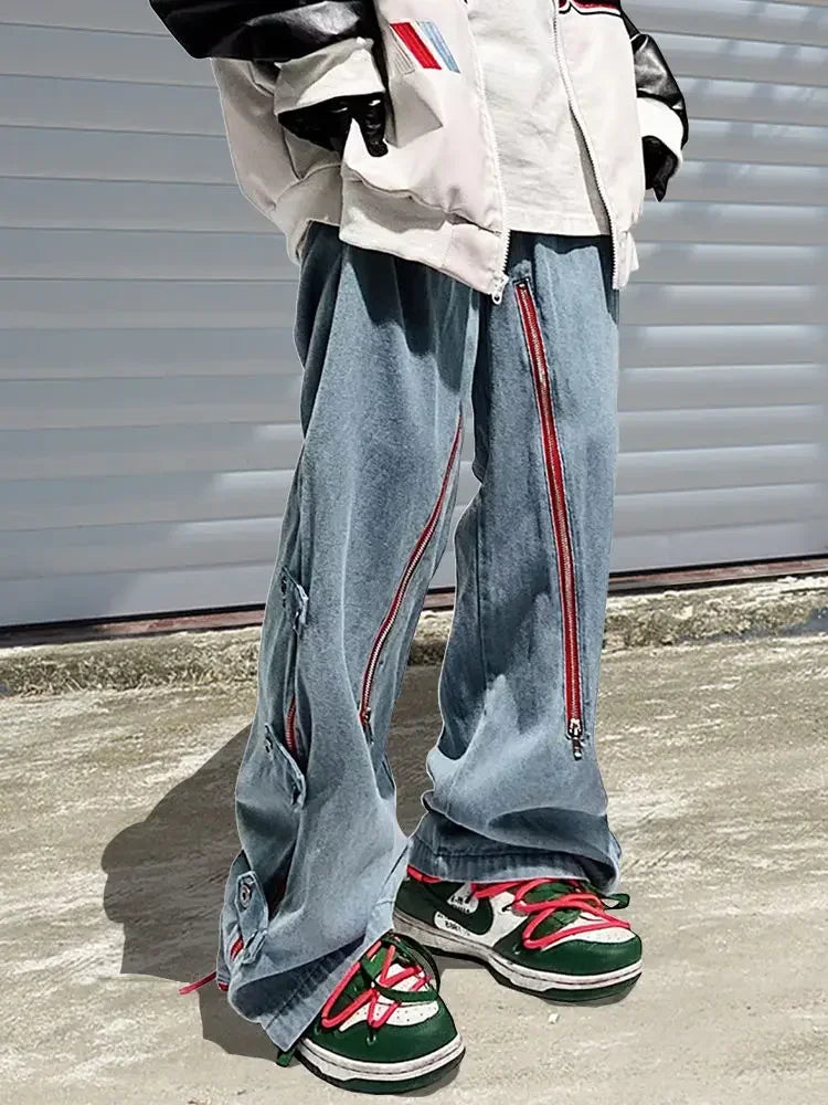 saferido American Goods Harajuku Casual Loose Punk Rock Straight Wide-Leg Pants Street Y2K Cargo Pants Retro Street Zipper Split Jeans