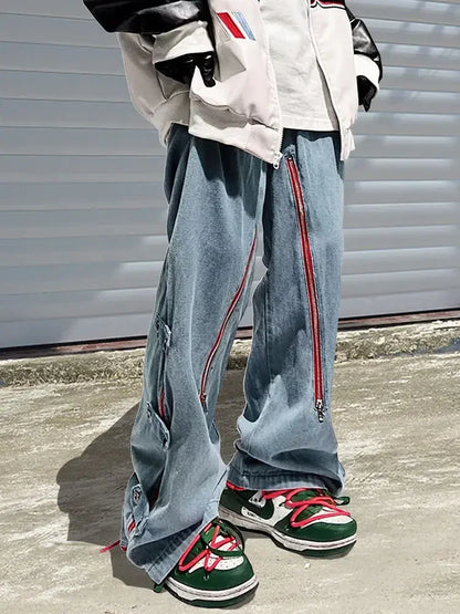 saferido American Goods Harajuku Casual Loose Punk Rock Straight Wide-Leg Pants Street Y2K Cargo Pants Retro Street Zipper Split Jeans